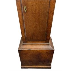 Gilbert Kidd of Malton (North Yorkshire) - late 18th century oak 8-day longcase clock c1780,  with a tall double caddy top and later brass ball and spire finials, break arch hood door beneath with attached pilasters and wooden capitals,  plain trunk with a long flat topped door, raised on a square plinth with applied skirting,  brass break arch dial with the makers name to the silvered boss in the break arch, engraved and silvered dial centre and chapter ring, with cast spandrels and matching steel hands, subsidiary seconds dial and square calendar aperture, dial pinned directly to a rack striking movement with a recoil anchor escapement, sounding the hours on a cast bell. With pendulum and weights.
The Kidd family were a prolific family of provincial clockmakers working in Malton from the mid 18th century until the early 19th century. Many of their clocks are simply signed 