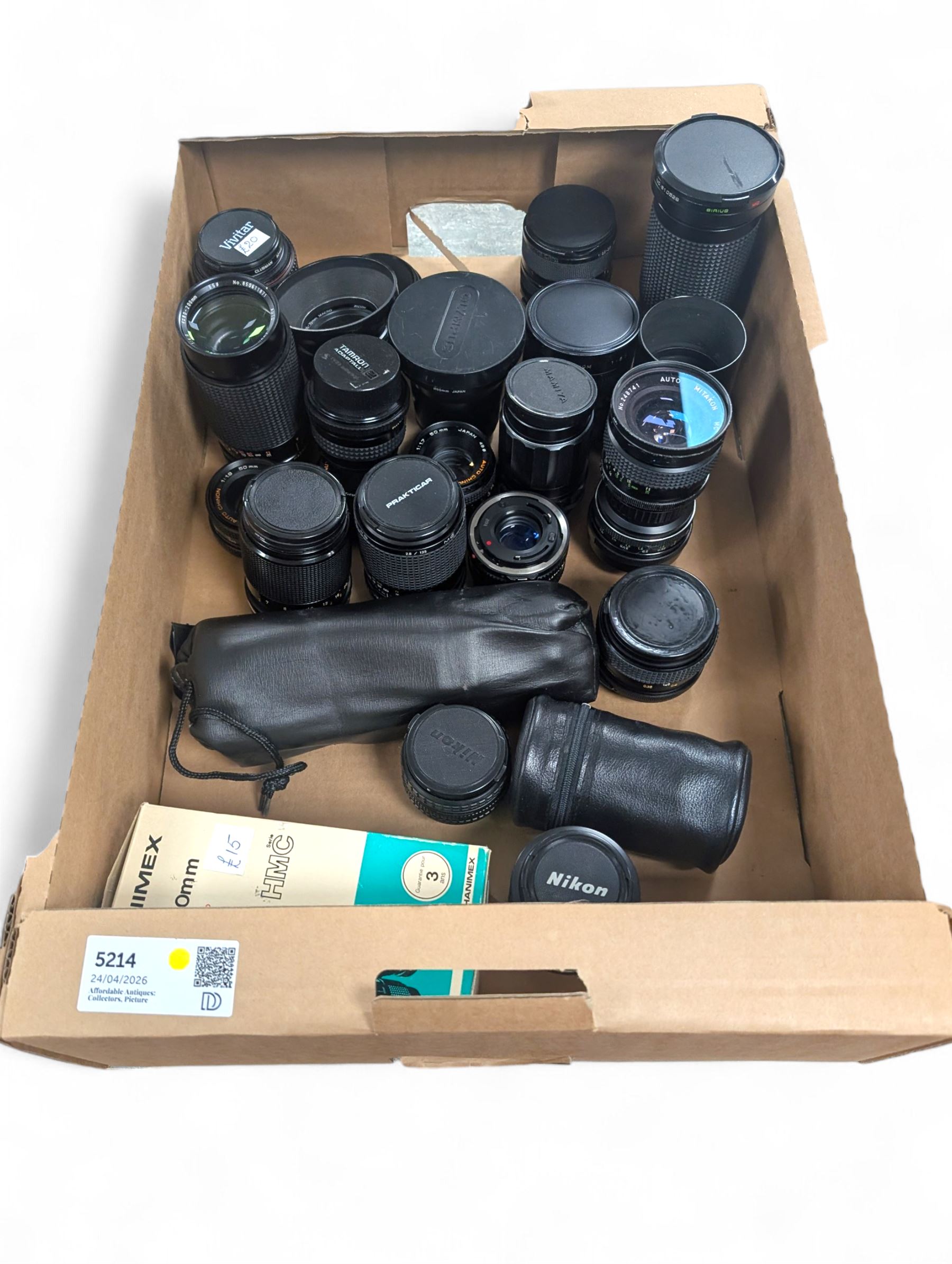 Collection of camera lenses, including and Olympus, Nikon, Sirius, Mamiya, Pentacon, Hanimex etc and Tamron adapters