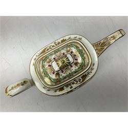 Late 18th century Newhall commode shaped teapot, decorated in 295 pattern, together with early 19th century Derby silver shape teapot, decorated with green and gilt foliate scrolls, Derby teapot H16cm