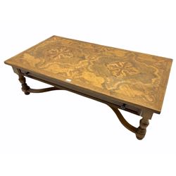 French walnut coffee table, rectangular marquetry top, single drawer, wavy X shaped base