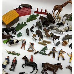 Quantity of playworn lead and plastic figures by Britains, Deetail etc, predominantly farm related but some zoo animals and other figures; together with trees, fences, buildings etc; all unboxed