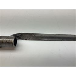British pattern 1876 socket bayonet with 55cm triangular blade; another smaller socket bayonet; and a leather shot flask, the brass action marked Sykes (3)