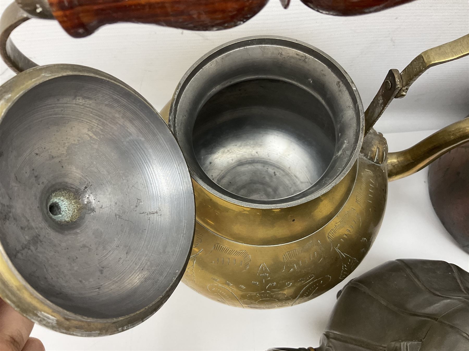 Collection of brassware, to include, kettles, jugs, owl figures etc