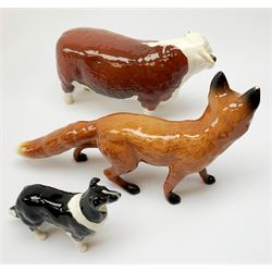 Three Beswick figures, comprising CH of Champions, Hereford Bull, Fox, and Border Collie. (3). 