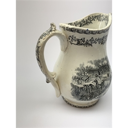 A 19th century Staffordshire pottery pearlware Crimea commemorative jug, black transfer printed with battle scenes, entitled Battle of Alma, Charge of the Highlanders, and Storming the Malakhofi, H18cm. 