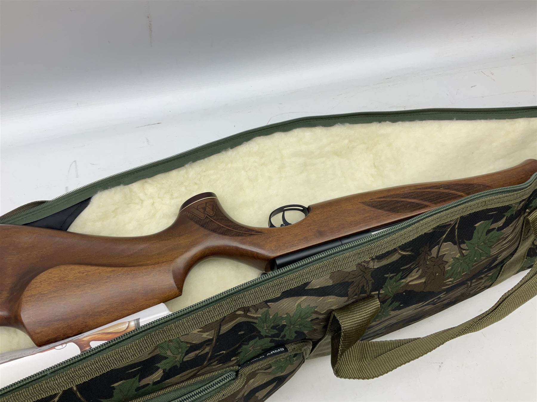 Air Arms Model S410F Classic .177 multi-shot compressed air rifle with bolt action, underside pressure gauge, chequered pistol grip, moderator and Hawke Sport HD 3-9x50 scope L112cm; in Anglo Arms camouflage sleeve with spares, tool kit, magazine and instruction manual
