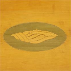 Early 19th century Sheraton revival satinwood oval table, shell motif to the centre bordered by walnut veneer, with inlaid banding, supported on square tapering legs terminating in brass feet