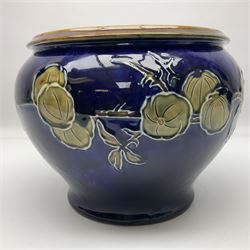 Royal Doulton planter, decorated with fruiting branches upon a dark blue ground, no 7246, H17.5cm