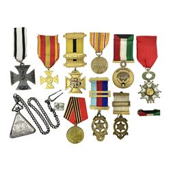 RAOB jewel Bourn Lodge 9394 with 25 years bar; two masonic jewels and triangular pendant watch; British Iron Cross style propaganda medallion; French Legion of Honour and Combatants Cross; and three foreign medals