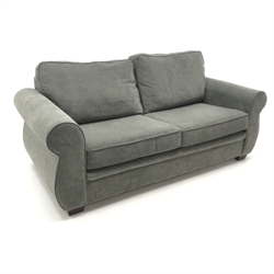  Two seat sofa bed upholstered in a grey fabric (W168cm) and a matching standard three seat sofa (W196cm) with storage stool (3)  