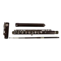 Early 20th century rosewood clarinet by Geo. Potter & Co Aldershot, together with a flute in fitted case, the lid with label reading Edward Potter