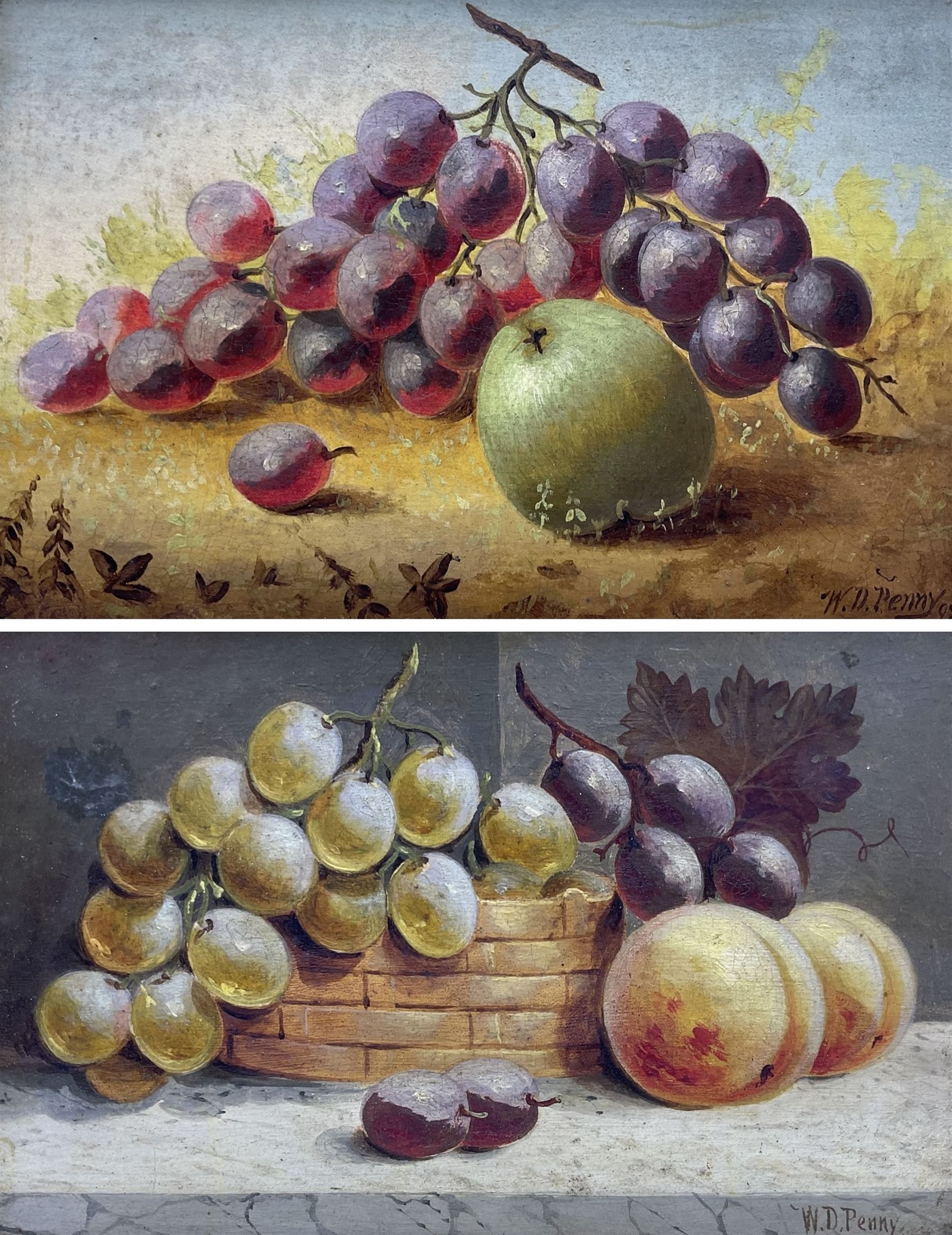 William Daniel Penny (British 1834-1924): Still Life of Grapes, pair oils on panel signed, one dated ‘97, 16cm x 24cm (2) 
Notes: Penny was born in Caistor Lincolnshire but was listed in the Hull directories from 1869 as a Marine artist living in the City until the turn of the century, when he became publican of the 'Artist's Rest' in Cross St., Aldborough, East Yorkshire.