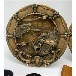  Two Submarine Force US Atlantic Fleet presentation plaques, the first detailed Subron 14, the second USS Abraham Lincoln 602, each H32.5cm, together with five uniform patches, four cap tallies, detailed HSM Tamar (x3), and HMS Ganges, and a set of two limited edition Euro Tunnel commemorative presentation plaques, The Breakthrough 1st December 1990 and Celebration 6th May 1994, D27cm, complete with original certificates.  