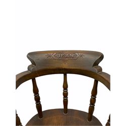 Child's fruitwood and elm smoker's bow style armchair, the top rail carved with the name 'Jean' H59cm together with a mid-20th century teddy bear with swivelling head and jointed limbs (2)