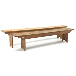 Two waxed pine benches, solid end supports (W236cm, H48cm and W205cm, H49cm)  