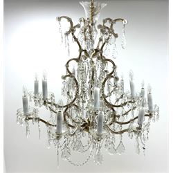 Large two tier fifteen branch chandelier, serpentine supports, with glass cups and droplets