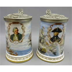  National Maritime Museum Tankard Collection - Royal Worcester Nelson's Victory at Trafalgar & Royal Albert Cook's Voyages to the South Pacific, both with cast pewter lids and thumbpiece, H18cm (2)  