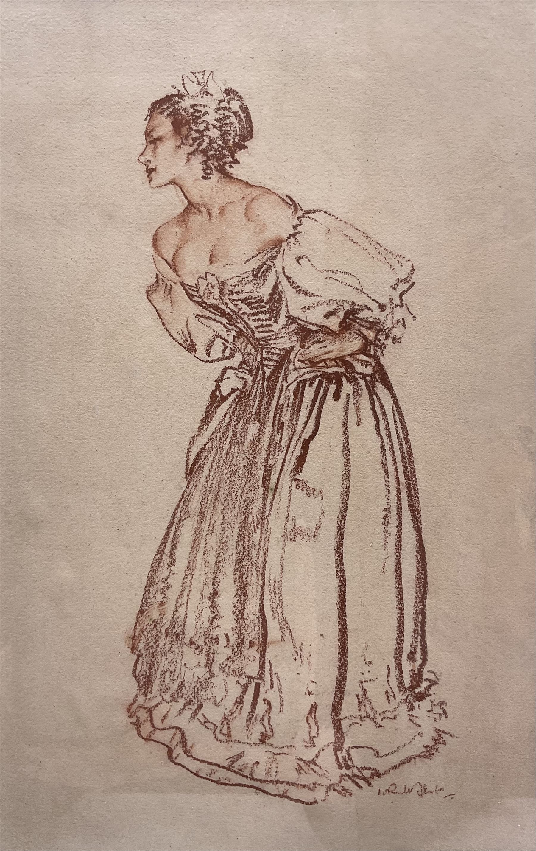 Sir William Russell Flint (Scottish 1880-1969): 'Clarissa' - Full Length Study, sanguine chalk signed 27cm x 17cm 
Provenance: private collection; with James Alder Fine Art, Hexham