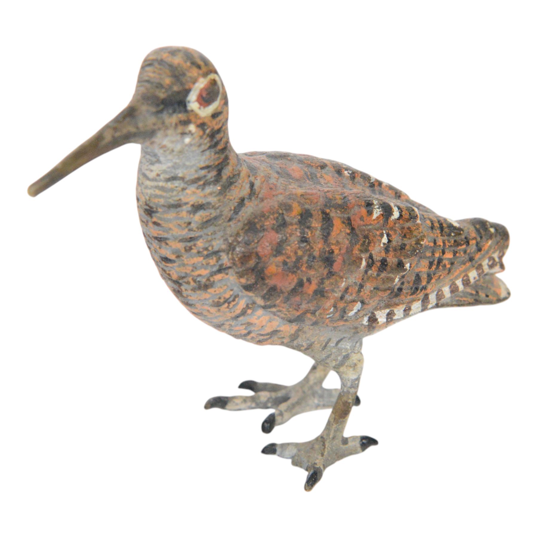 Cold painted bronze, of a woodcock, together with cold painted bronze pheasant, woodcock H6cm