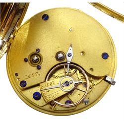 Victorian 18ct gold open face ladies English lever fusee pocket watch No. 1407, gilt dial with Roman numerals and subsidiary seconds dial, back case with engraved flower and foliate decoration, hallmarked London 1861