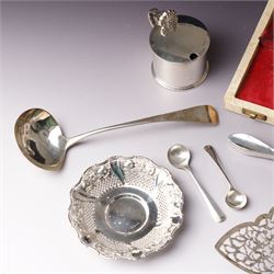Silver three piece condiment set London 1973-1976 Maker C J Vander Ltd, George III silver sauce ladle London 1798, five silver coffee spoons, Dutch pierced silver server, silver handled knife, silver handled magnifying glass and small silver dish