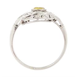 Early 20th century platinum diamond swirl ring, the principal old cut fancy yellow diamond of approx 0.50 carat, surrounded by old cut and single cut diamonds, in a milgrain pierced foliate design setting, total diamond weight approx 1.25 carat, with GCS certificate