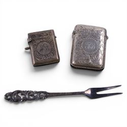 Collection of silver, including napkin rings, two vest cases, cigarette case covers and scandinavian 830 cake fork