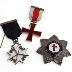 Masonic interest silver gilt and white enamel Knights Templar cross, hallmarked, together with red enamel cross and Knights templar breast star