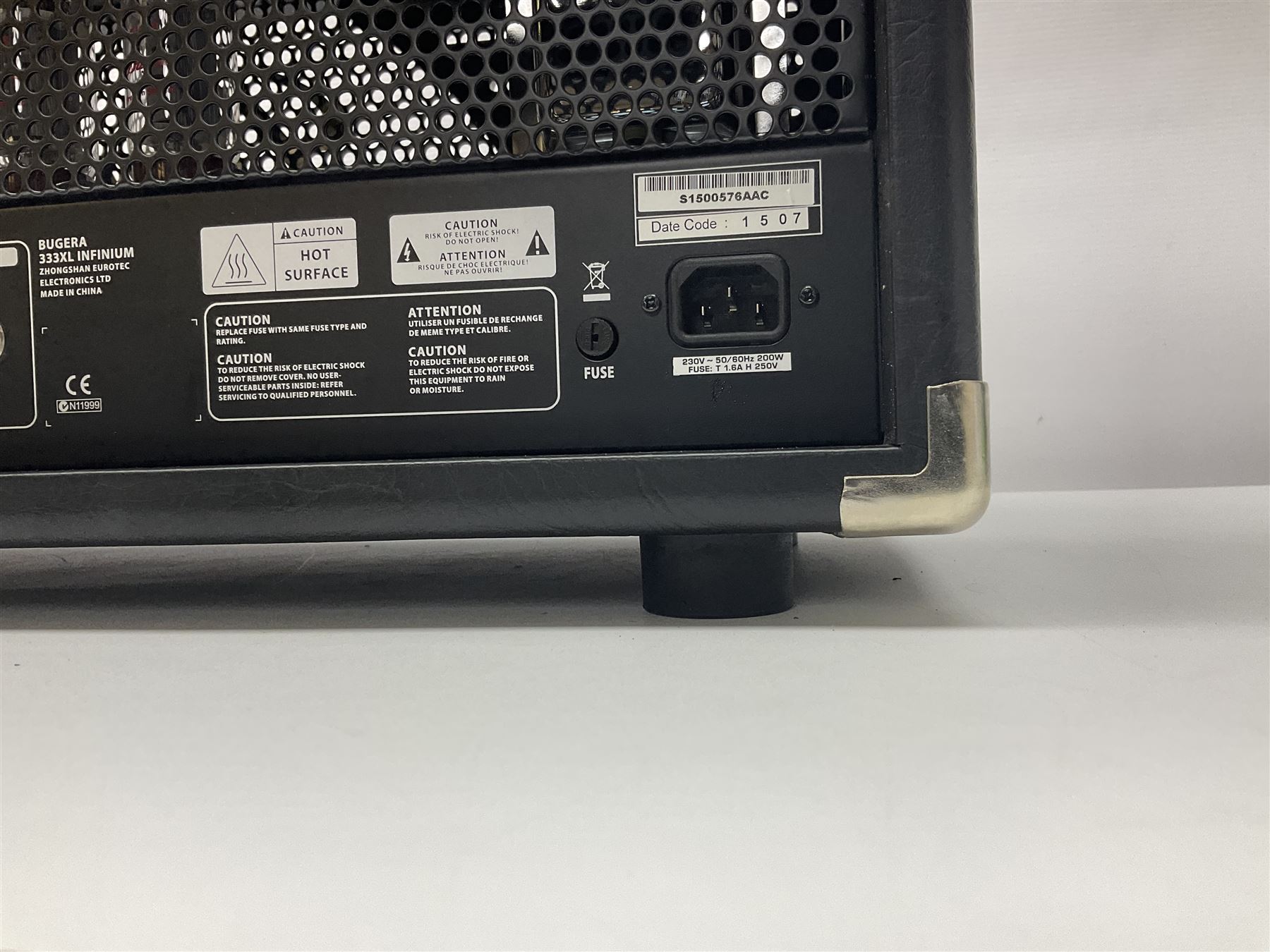 As new Bugera 333XL Infinium Hardcore 120-watt 3-channel tube amplifier head with reverb and Infinium tube life multiplier; date code 1507; number S1500576AAC L69cm; boxed with foot controller, power cable and paperwork