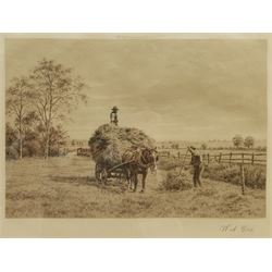 Walter Alfred Cox (British 1862-1908): Gathering the Hay, mezzotint signed in pencil 21cm x 29cm, together with three further engravings after F Riley, max 17cm x 26cm (4)
