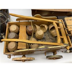 Four Melba Ware Shire horse figures and another similar, and three wood carts