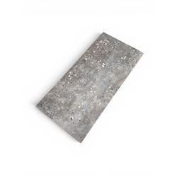 Victorian cast iron garden table, rectangular slate top raised on pierced scrolling foliate end supports with urn and column designs, united by a spindle support stretcher with scrolling acanthus spandrels, stamped 'Registered Design' with indistinct number, in distressed white painted finish