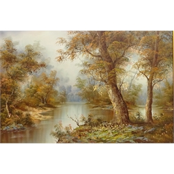  Rural Riverscape, 20th century oil on canvas signed I. Cafien 60cm x 90cm in gilt frame  