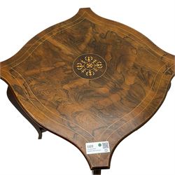 20th century inlaid walnut two-tier occasional table, shaped square top with foliate inlay and boxwood stringing, on cabriole supports united by undertier