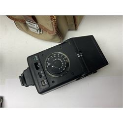 Cameras and accessories, to include Olympus OM101 Power Focus camera body, serial no 1076067, with 'Sigma AF Zoom 1:38, f=75 200mm' lens, serial no 2053714, Canon EOS 5000 camera body, serial no 1507812, with 'Canon Zoom EF 80-200mm, 1:4.5-5.6' lens, other cameras, by Miranda, Coronet and Ricoh and a collection of lenses, carry cases, etc 