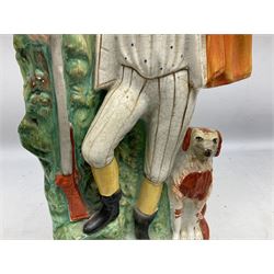 Group of Victorian and later Staffordshire style figures, to include two dogs, Prince upon horse back, horse with pink lustre patches, tall figure of a man beside his dog etc, tallest H41cm