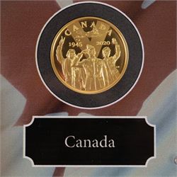 The London Mint Office 'The 2020 World War II Western Allied Set', comprising United States of America one tenth ounce gold five dollar coin, United Kingdom fine gold proof twenty-five pound coin, France fine gold proof fifty euro coin, and Canada 14ct gold proof one hundred dollar coin, cased with certificate