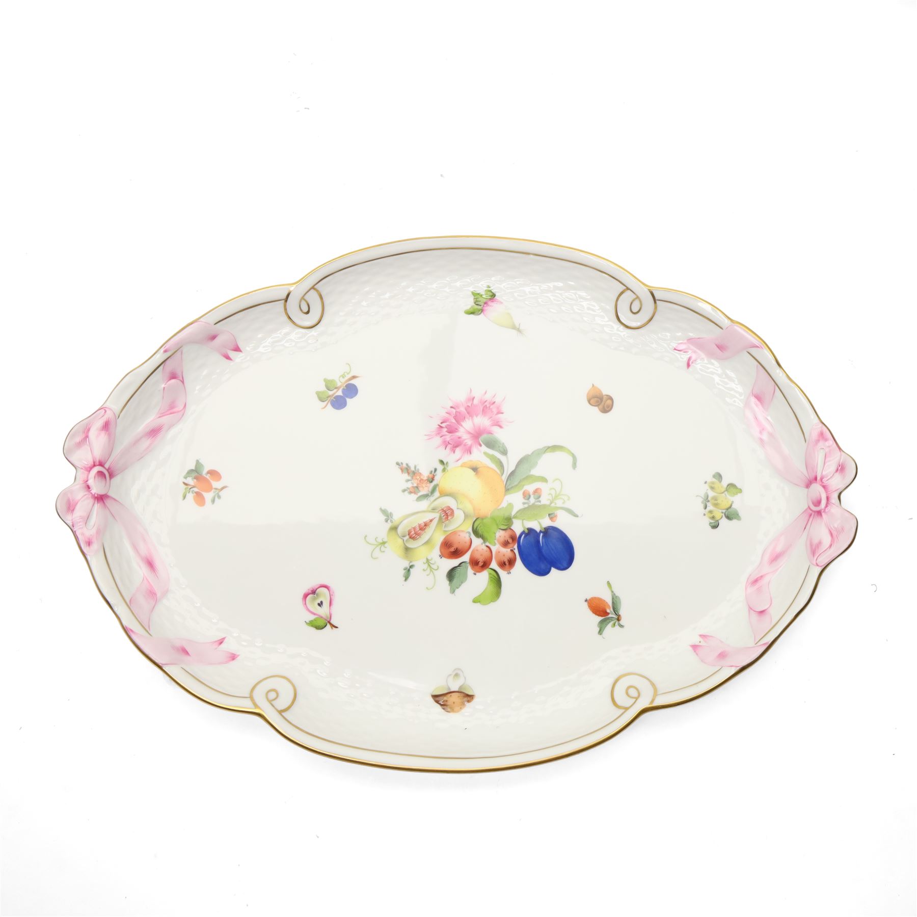 Herend porcelain Tete a Tete decorated with sprays of Spring flowers and scattered leaves etc comprising cabaret tray, two cups and saucers, tea pot, leaf shape bowl and milk jug, some pieces marked Pek Jozsefine