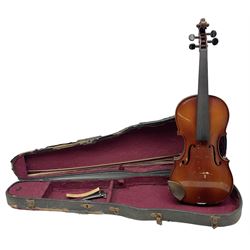 German trade violin 1950s with 36cm two-piece maple back and ribs and spruce top, bears label 'Johann Stainer in Absam prope Oenipontum 1650' L59cm; in carrying case with bow impressed Tourte