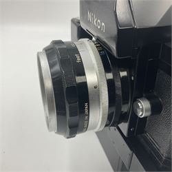 Nikon Photomic TN NKJ camera body, serial no 6728309, circa 1965, with 'Nippon Kogaku NIKKOR-S Auto 1:1.4 f=5.8cm' lens, serial no. 173909, Nikon F36 Motor Drive, serial no.132430 and Nikon cordless battery pack