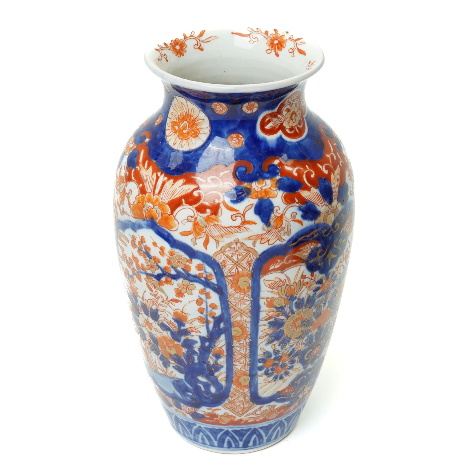 Late 19th/Early 20th century Japanese Imari bowl decorated with panels of flowers in blue, orange and green etc D27cm, Imari vase H24cm and a small ginger jar (3)