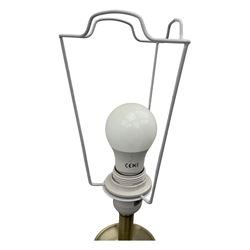 Contemporary brushed metal standard lamp, brass effect with cylindrical stem, on circular base, H131cm; matching table lamp, H35cm (2)