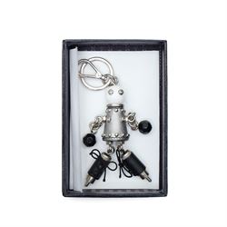 Prada - ‘Robot’ keyring and bag charm, in silver Saffiano leather and metal with studded detailing, articulated chain limbs and black bead hands, with split ring and lobster clasp, with original box
