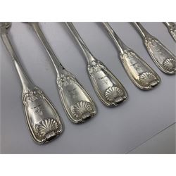 George IV Scottish silver Kings pattern cutlery for six place settings, to include table spoons, table forks, dessert spoons and dessert forks, all engraved with shamrock crest to terminal, hallmarked Robert Gray & Son, Glasgow 1833