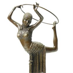 After Dimitri Chiparus - Art Deco style bronze figure of a dancer with hoop, signature and foundry mark on marble base H52cm 
