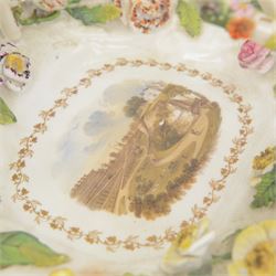 Early 19th century Rockingham porcelain basket, circa 1830, of elongated octagonal shape with gilt entwined, encrusted handle, the centre painted with a view of 'New Cemetery Liverpool', the rim encrusted and moulded with flowers and leaves, with puce Griffin mark and titled beneath, including handle H10.5cm W23cm