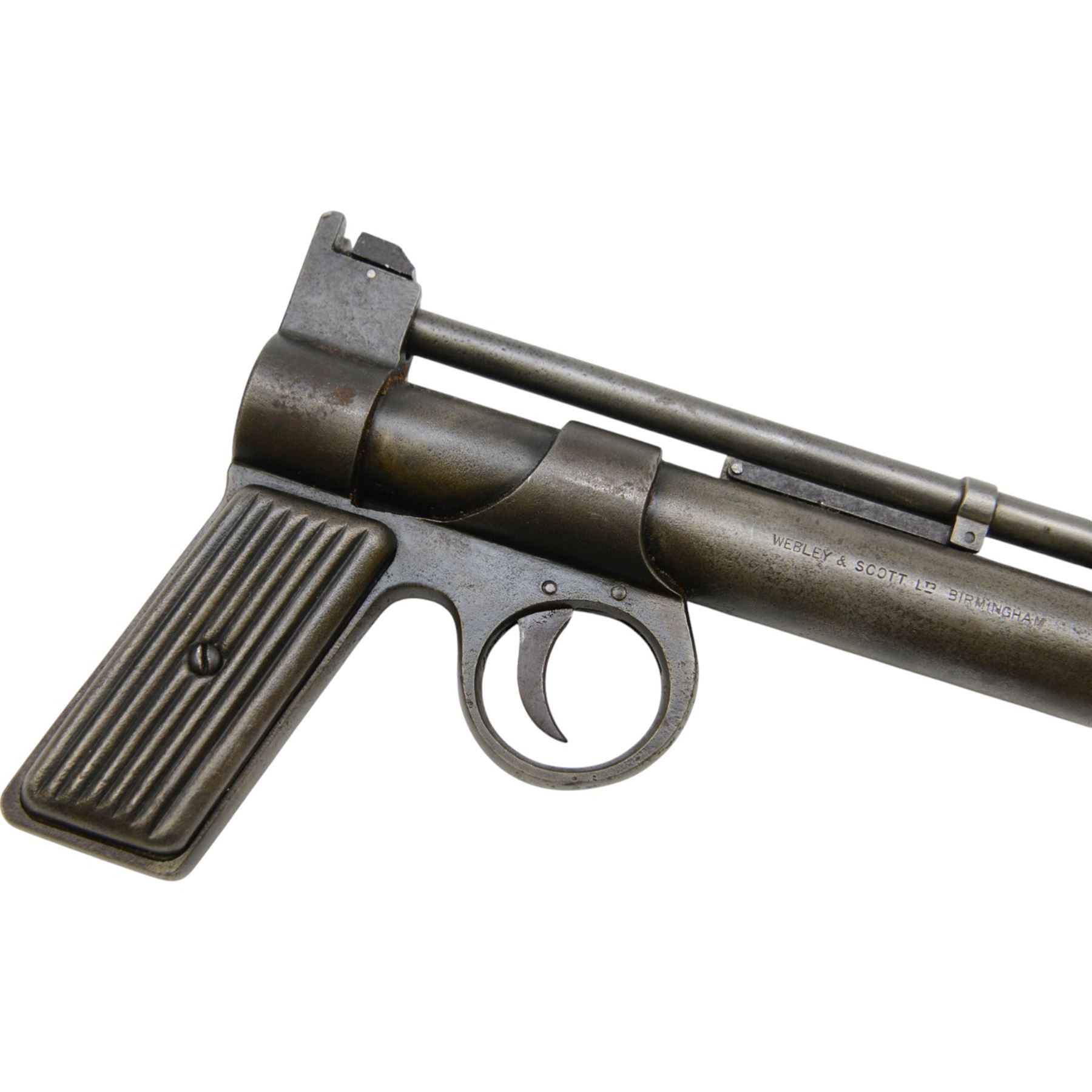 Webley Junior .177 air pistol, 1930-1939 batch 789, serial number J14788, the air chamber marked The Webley 'Junior .177 Patented in Great Britain No 219872 and all Principle Countries', 'Made in England' and Webley & Scott Ltd. Birmingham, with ribbed metal grips, H13cm, L19cm