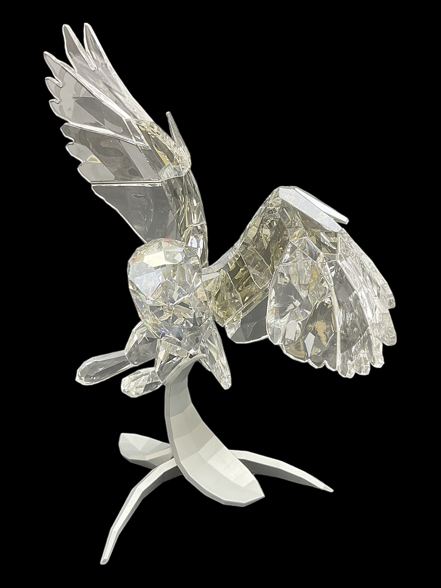 Swarovski Crystal Soulmates, Snowy Owl, upon stylised metal base, H30cm 