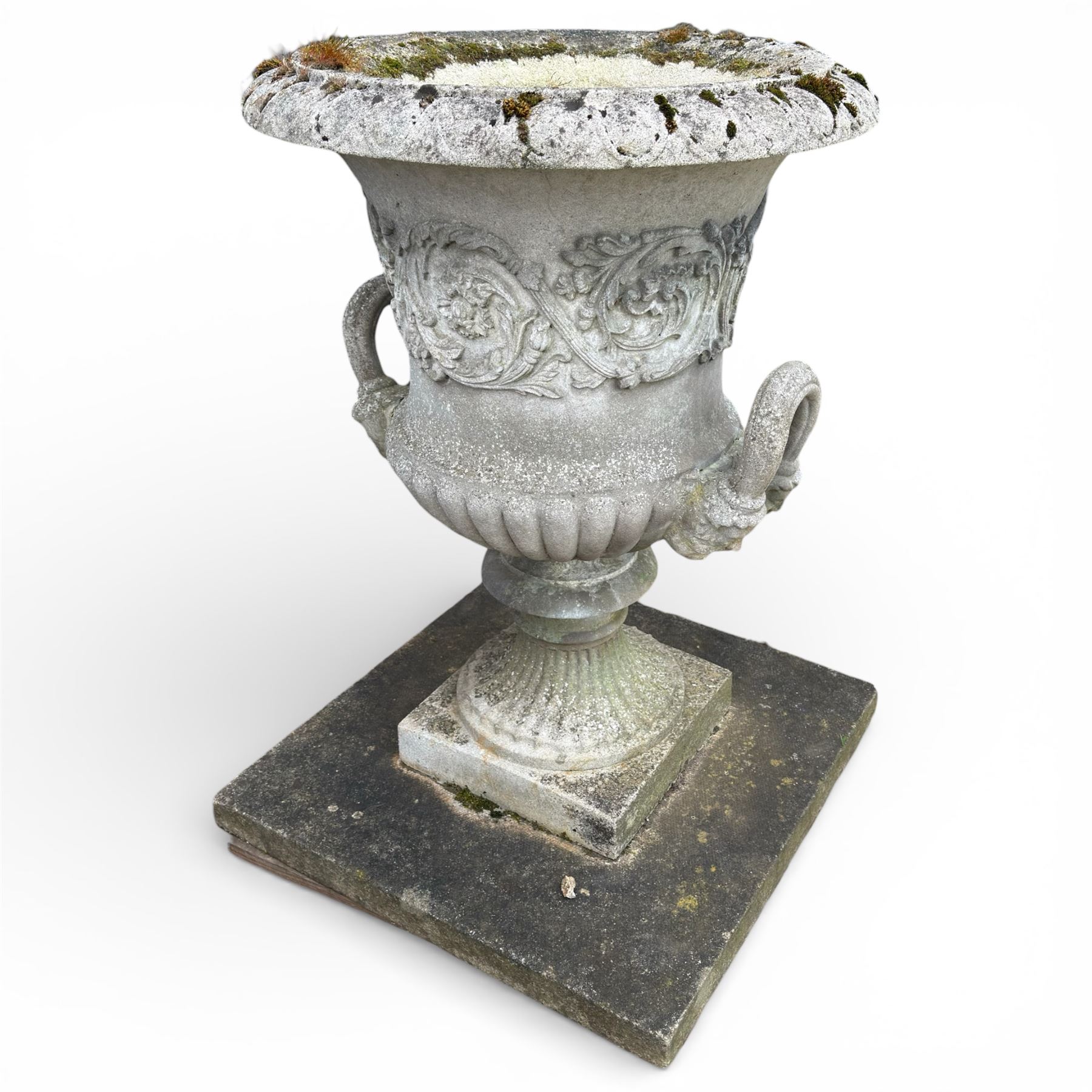 Pair of large stone Campana urns on square bases