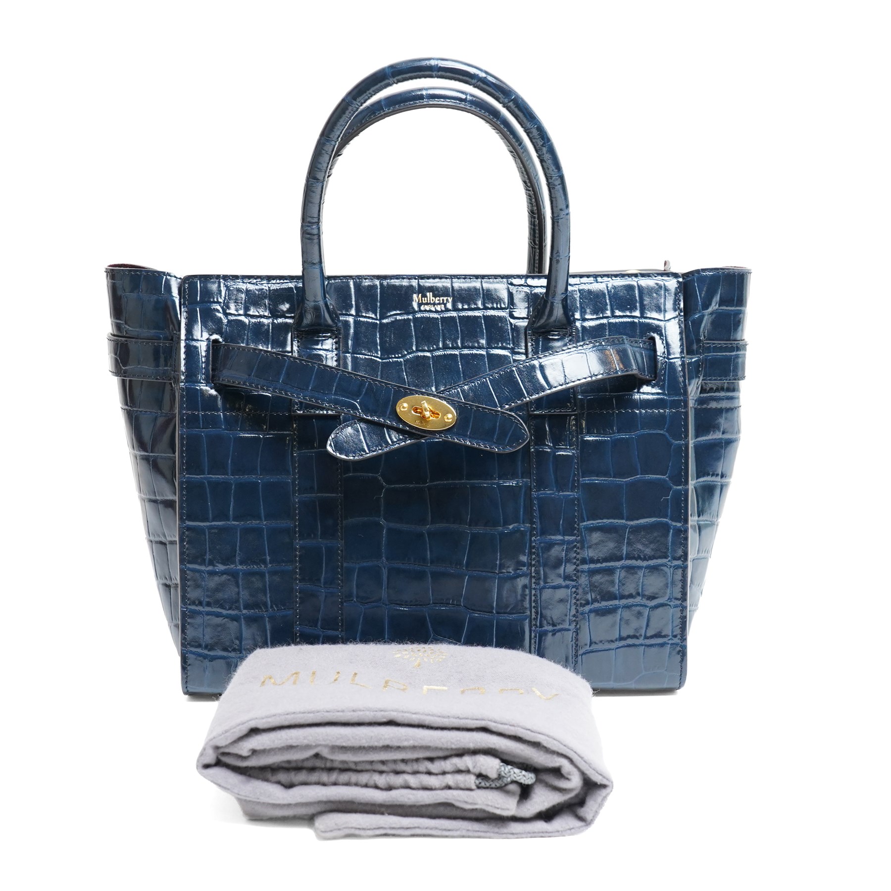 Mulberry - Belted Bayswater with Zip handbag in Midnight Croc embossed leather, the structured body with twin rolled top handles, detachable and adjustable shoulder strap, gold-tone Postman’s Lock fastening, belted front detail and zip closure, burgundy suede interior, with original dust bag